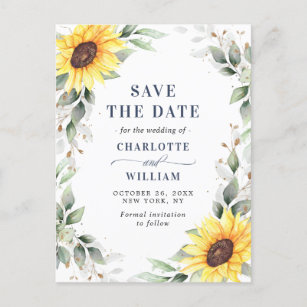 Cartão Postal Casamento Elegante Girassóis Verde Salve a Data