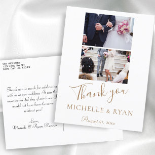 Cartão Postal Casamento Elegante Letra Dourada 2 Fotos Obrigado