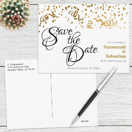 Cartão Postal Casamento Elegante Salve a Data Dourada Confetti