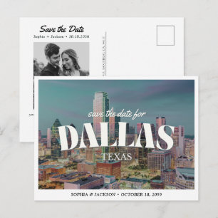 Cartão Postal Casamento em Dallas Salve a Data Retro Skyline