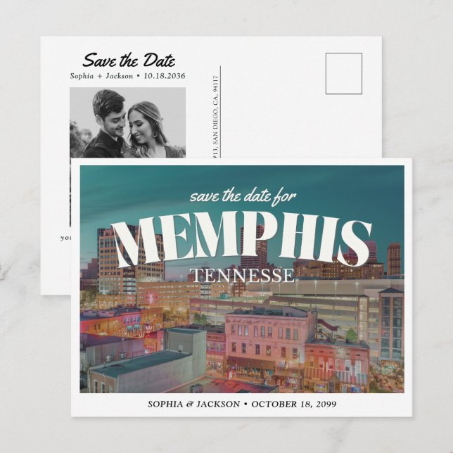 Cartão Postal Casamento em Memphis Salve a Data Retro Skyline (Frente/Verso)