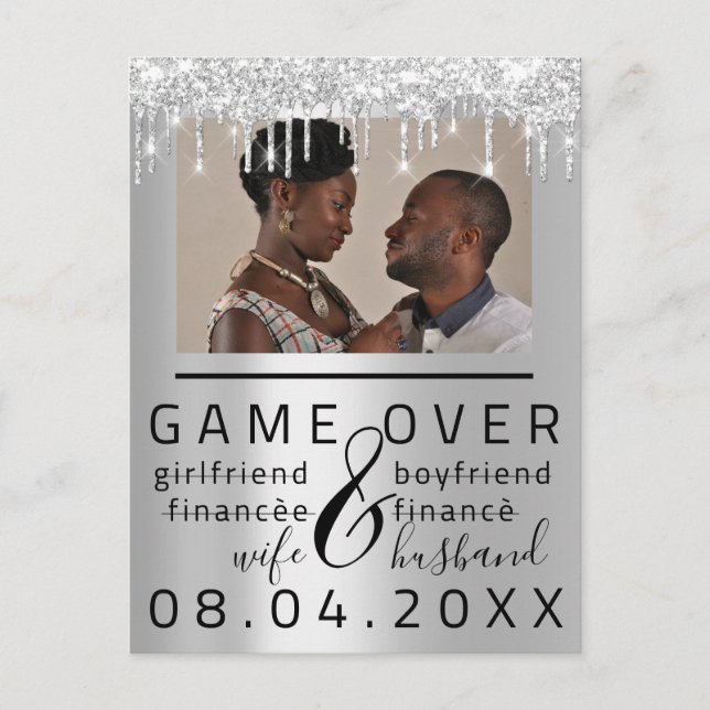 Cartão Postal Casamento Engraçado Cinza Prata Save The Date Casa (Frente)
