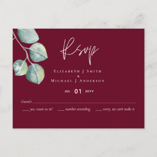 Cartão Postal Casamento EUCALYPTUS Branco BURGUNDY de Baixo Orça