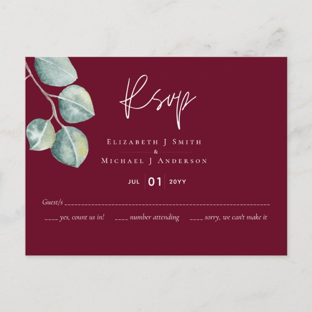 Cartão Postal Casamento EUCALYPTUS Branco BURGUNDY de Baixo Orça (Frente)