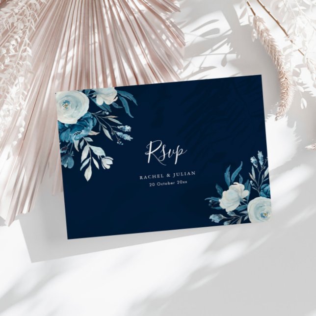 Cartão Postal Casamento floral azul de aquarela RSVP (Criador carregado)