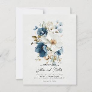 Cartão Postal Casamento Floral Azul e Branco