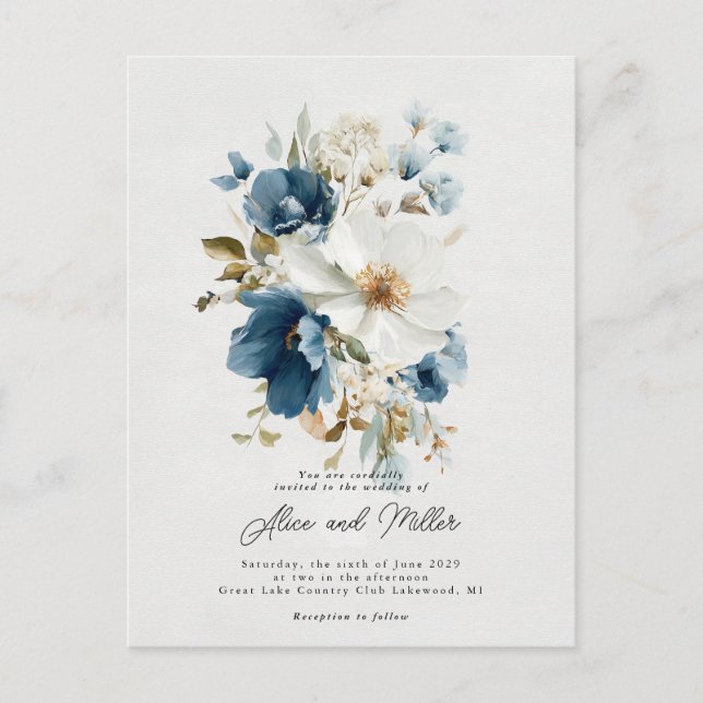 Cartão Postal Casamento Floral Azul e Branco (Frente)