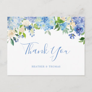 Cartão Postal Casamento Floral Azul Hydrangea Obrigado