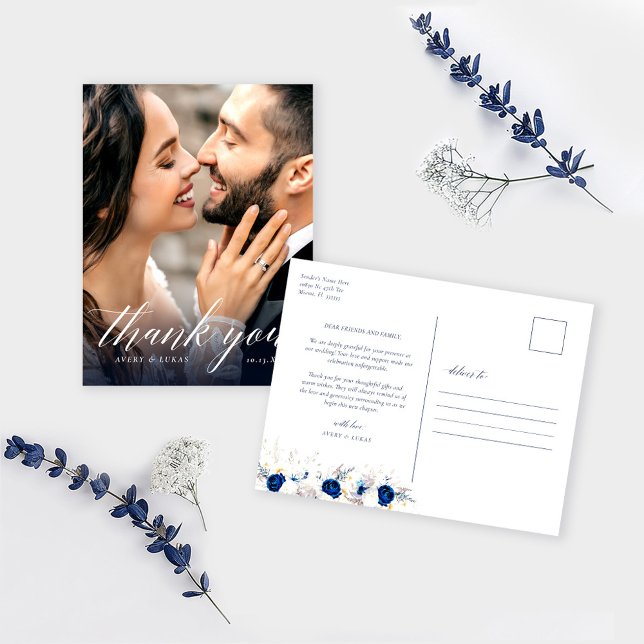 Cartão Postal Casamento Floral Azul Moderno Obrigado (Criador carregado)