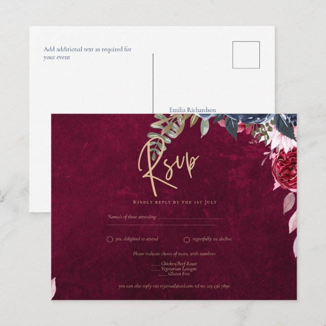Cartão Postal Casamento Floral Berry Wine (Frente/Verso)
