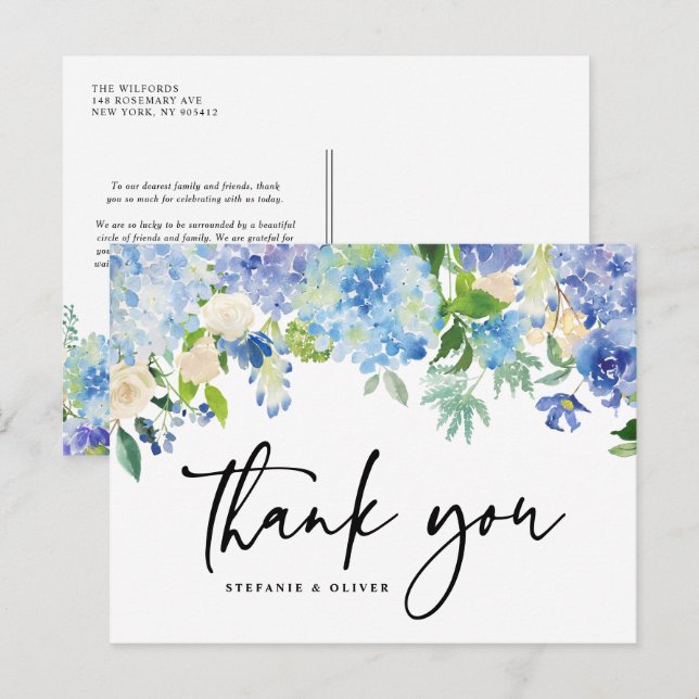 Cartão Postal Casamento Floral Blue Hydrangea Winter Obrigado (Frente/Verso)