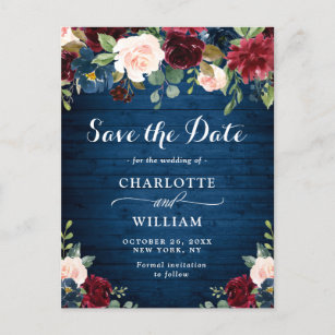 Cartão Postal Casamento Floral Blush Azul Burgundy Salve a Data