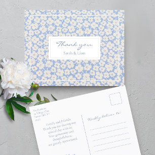 Cartão Postal Casamento Floral Branco e Azul Obrigado