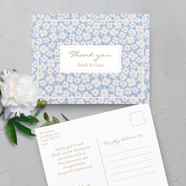 Cartão Postal Casamento Floral Branco e Azul Obrigado (Criador carregado)