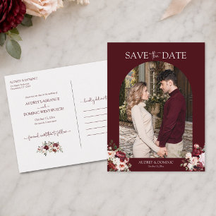 Cartão Postal Casamento Floral Burgundy Elegante com Foto Person
