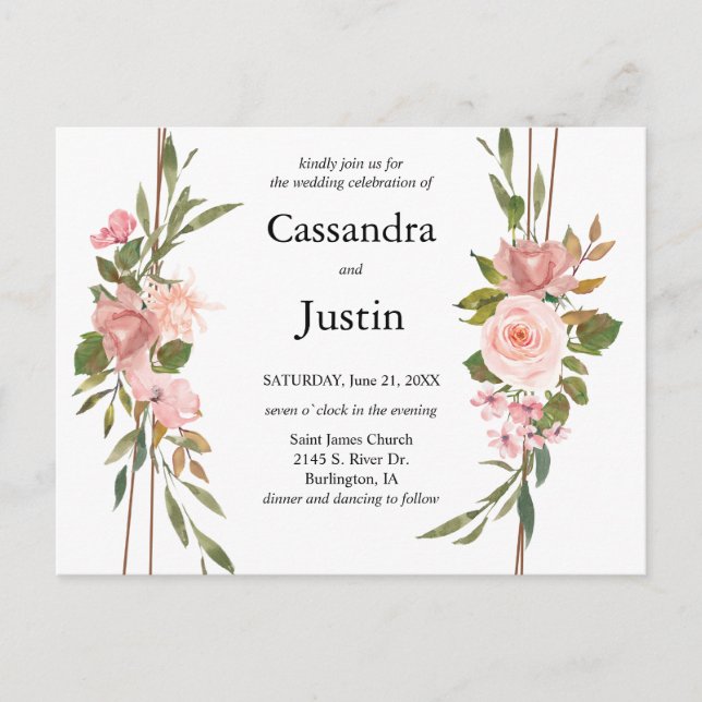 Cartão Postal Casamento Floral Clássico Cor-de-Rosa (Frente)