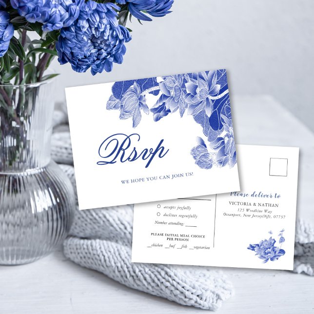 Cartão Postal Casamento Floral Clássico de Chinoiserie Azul e Br (Criador carregado)