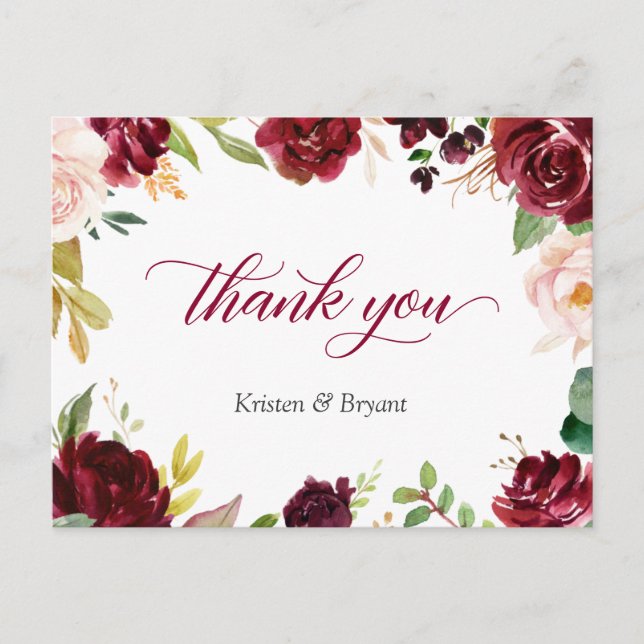 Cartão Postal Casamento Floral Da Elegante Burgundy - Obrigado (Frente)