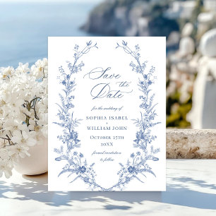 Cartão Postal Casamento Floral de Jardim Francês Azul Empoeirado