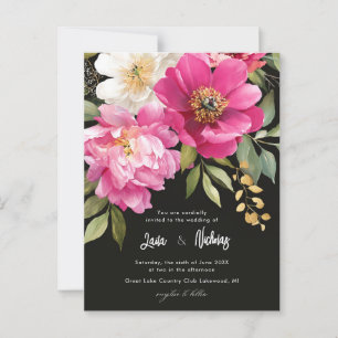 Cartão Postal Casamento Floral de Peony Floral, Cor Rosa e Branc