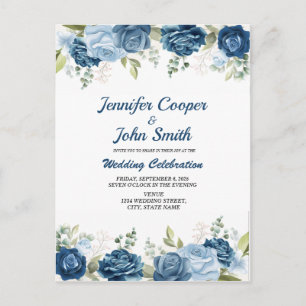 Cartão Postal Casamento Floral de Rosas Azuis Elegante