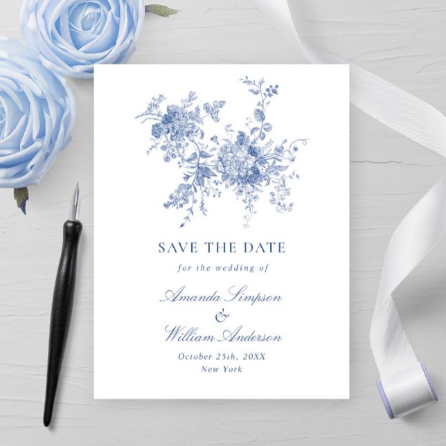 Cartão Postal Casamento Floral do Jardim Francês Azul Elegante V (Criador carregado)