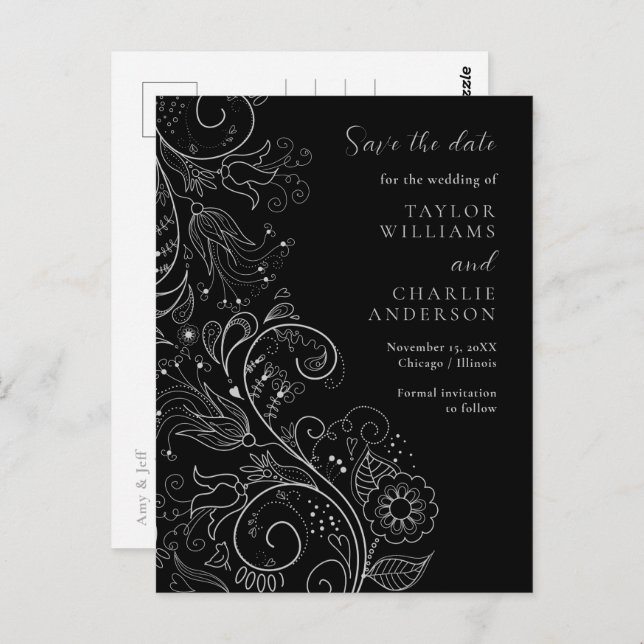 Cartão Postal Casamento Floral Elegante Preto De Prata Salvar A  (Frente/Verso)
