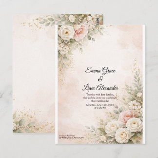 Cartão Postal Casamento Floral em Rosa Bege Elegante em Aquarela