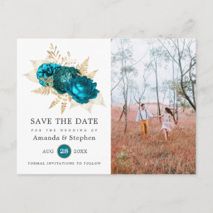 Cartão Postal Casamento Floral em Verde Água e Dourado Save the