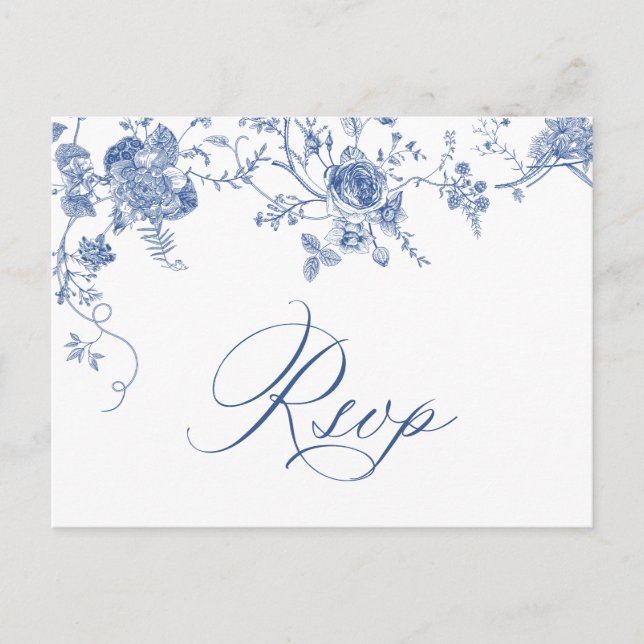 Cartão Postal Casamento Floral Francês Azul Vitoriano Elegante R (Frente)