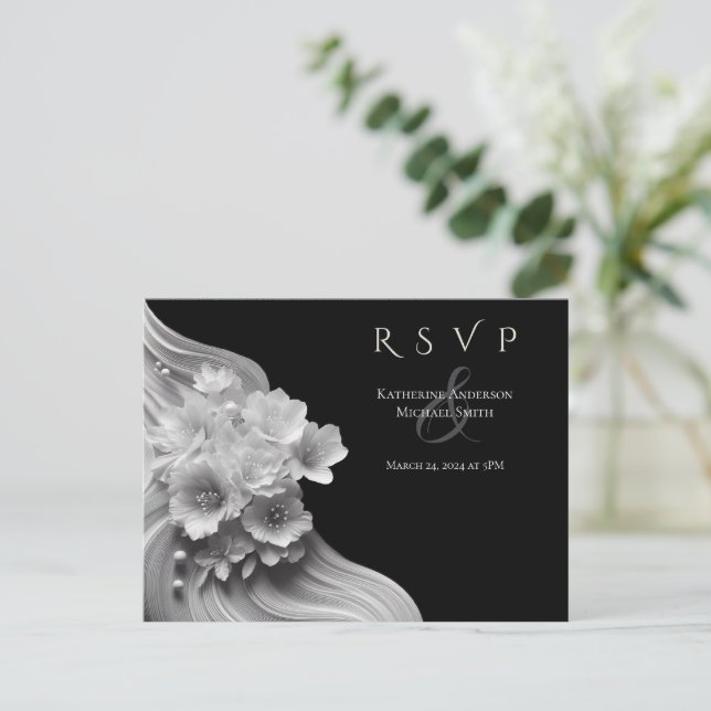 Cartão Postal Casamento Floral Moderno Preto e Branco (Em pé/Frente)