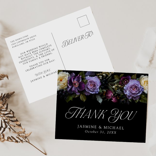 Cartão Postal Casamento Floral Moody Gothic Obrigado (Criador carregado)