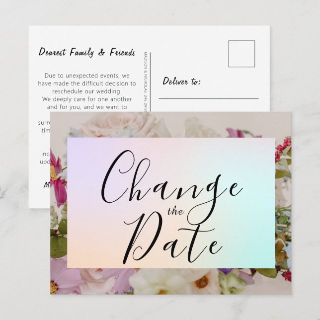 Cartão Postal Casamento Floral Mudar a Data Salve a data (Frente/Verso)