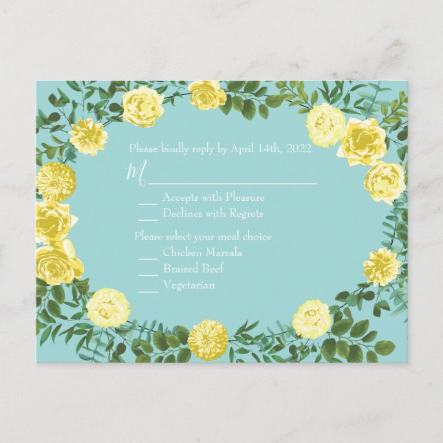 Cartão Postal Casamento Floral Primavera de Amarelo e Aqua Vinta (Frente)