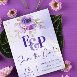 Cartão Postal Casamento Floral Púrpura Do Monograma Cuto Salvar 