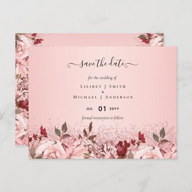 Cartão Postal Casamento Floral Rosa Dourado Borgonha (Frente/Verso)