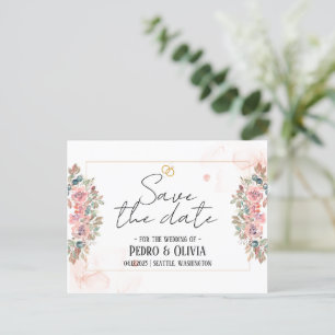 Cartão Postal Casamento floral rosa moderno salve a data