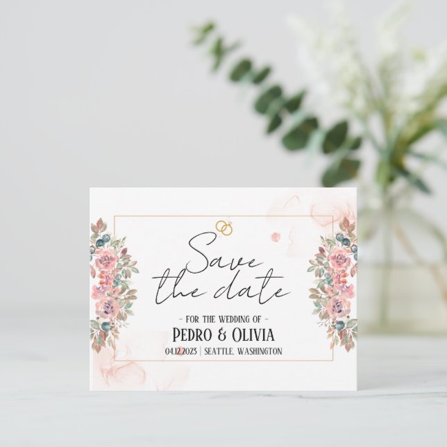 Cartão Postal Casamento floral rosa moderno salve a data (Em pé/Frente)