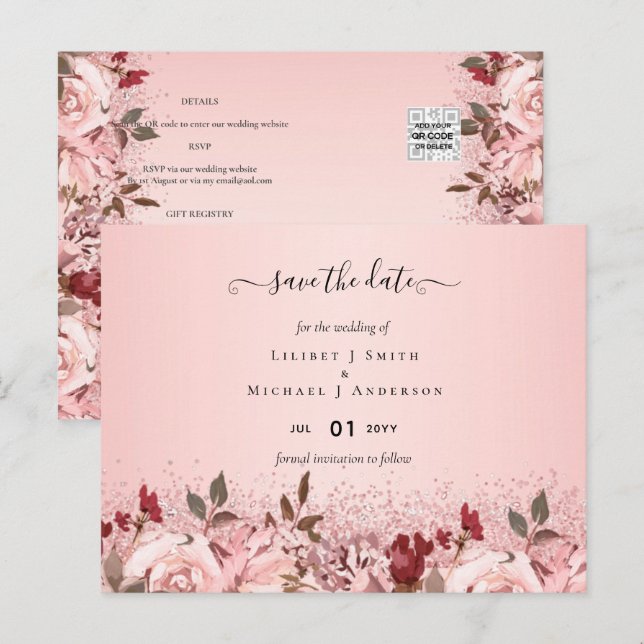 Cartão Postal Casamento Floral Rosa-Rosa-Rosa Burgundy (Frente/Verso)