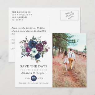 Cartão Postal Casamento Floral Roxo e Azul Marinho