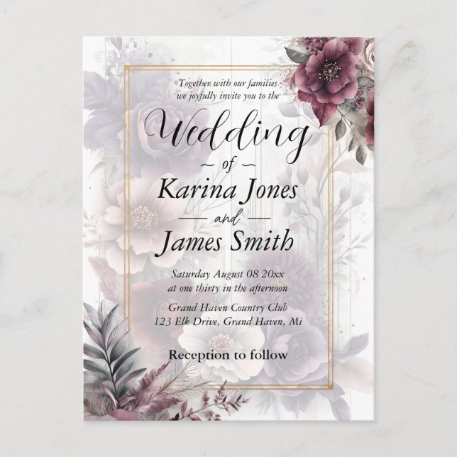 Cartão Postal Casamento floral, roxo, rosa e marrom (Frente)