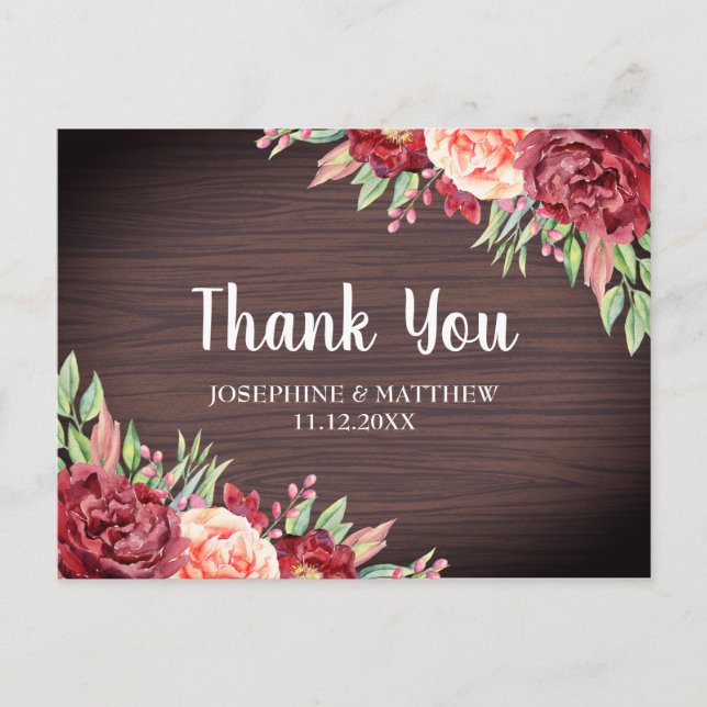 Cartão Postal Casamento Floral Rustic Burgundy Peach Obrigado (Frente)