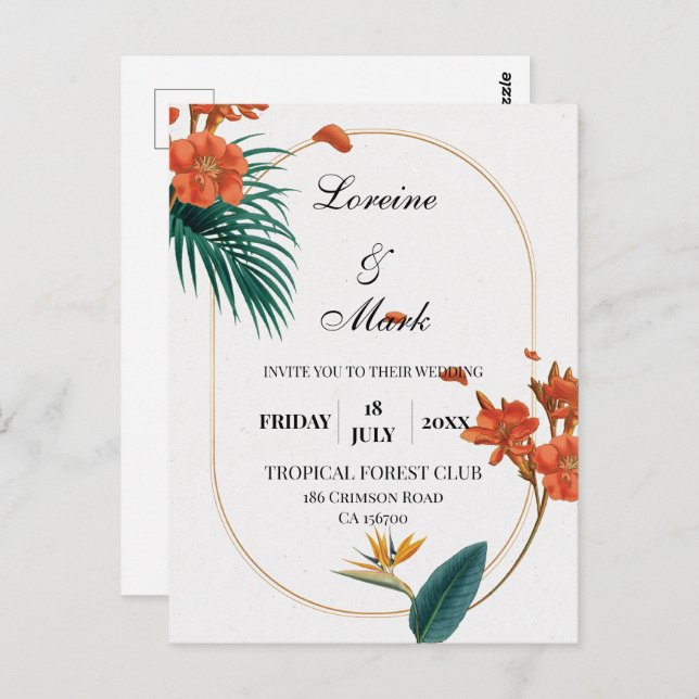 Cartão Postal Casamento Floral Tropical Elegante (Frente/Verso)