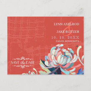 Cartão Postal Casamento Floral Vermelho Russo Salvar a Data