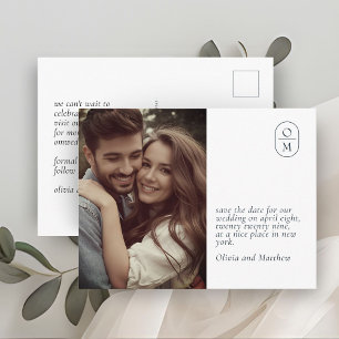 Cartão Postal Casamento Foto Monograma Moderno Minimalista Chic