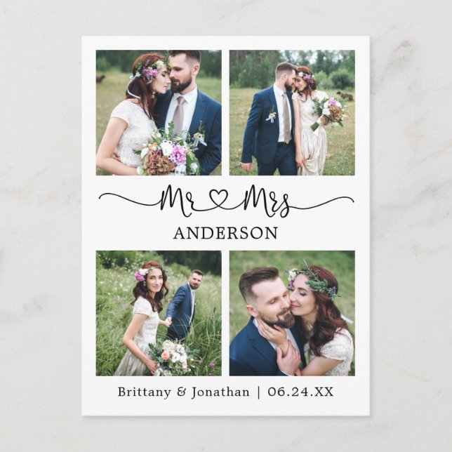 Cartão Postal Casamento Fotográfico do Coração 4 Moderno Obrigad (Frente)