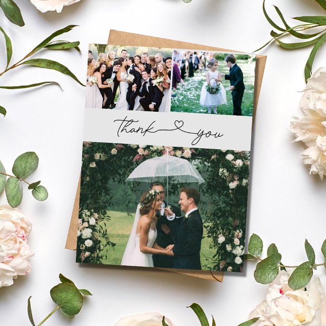 Cartão Postal Casamento Fotográfico do Elegant Script 3 Obrigado (Elegant Script 3 Photo Wedding Thank You Postcard)