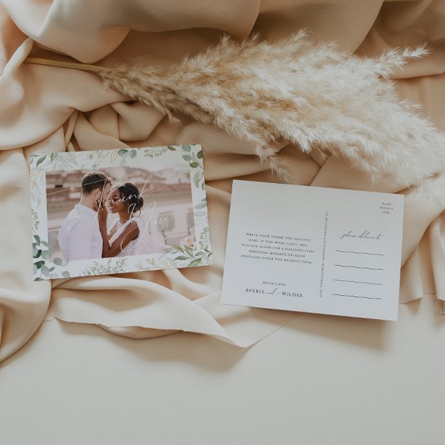 Cartão Postal Casamento Fotográfico Dourado com Greenery Whimsic (Criador carregado)