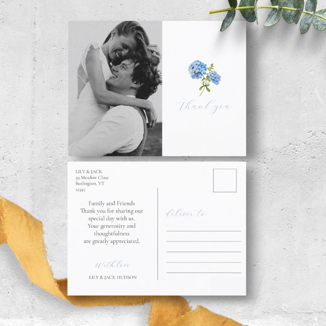 Cartão Postal Casamento Fotográfico Dusty Blue Hydrangea Obrigad (Criador carregado)