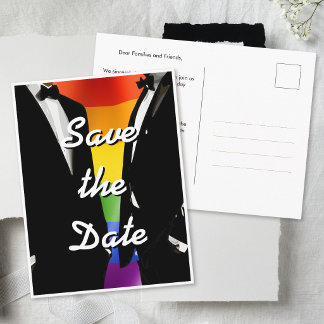 Cartão Postal Casamento Gay Moderno Elegante Arco-íris Homens
